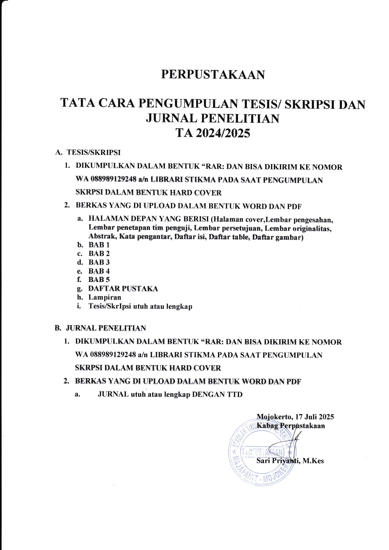 Tata cara pengumpulan thesis/skripsi dan jurnal penelitian